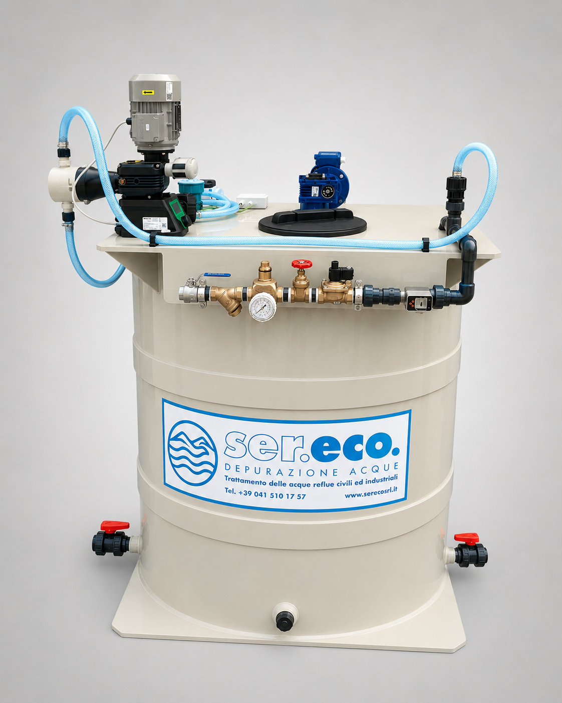 Polipreparatore Sereco con serbatoio, agitatore e gruppo di dosaggio